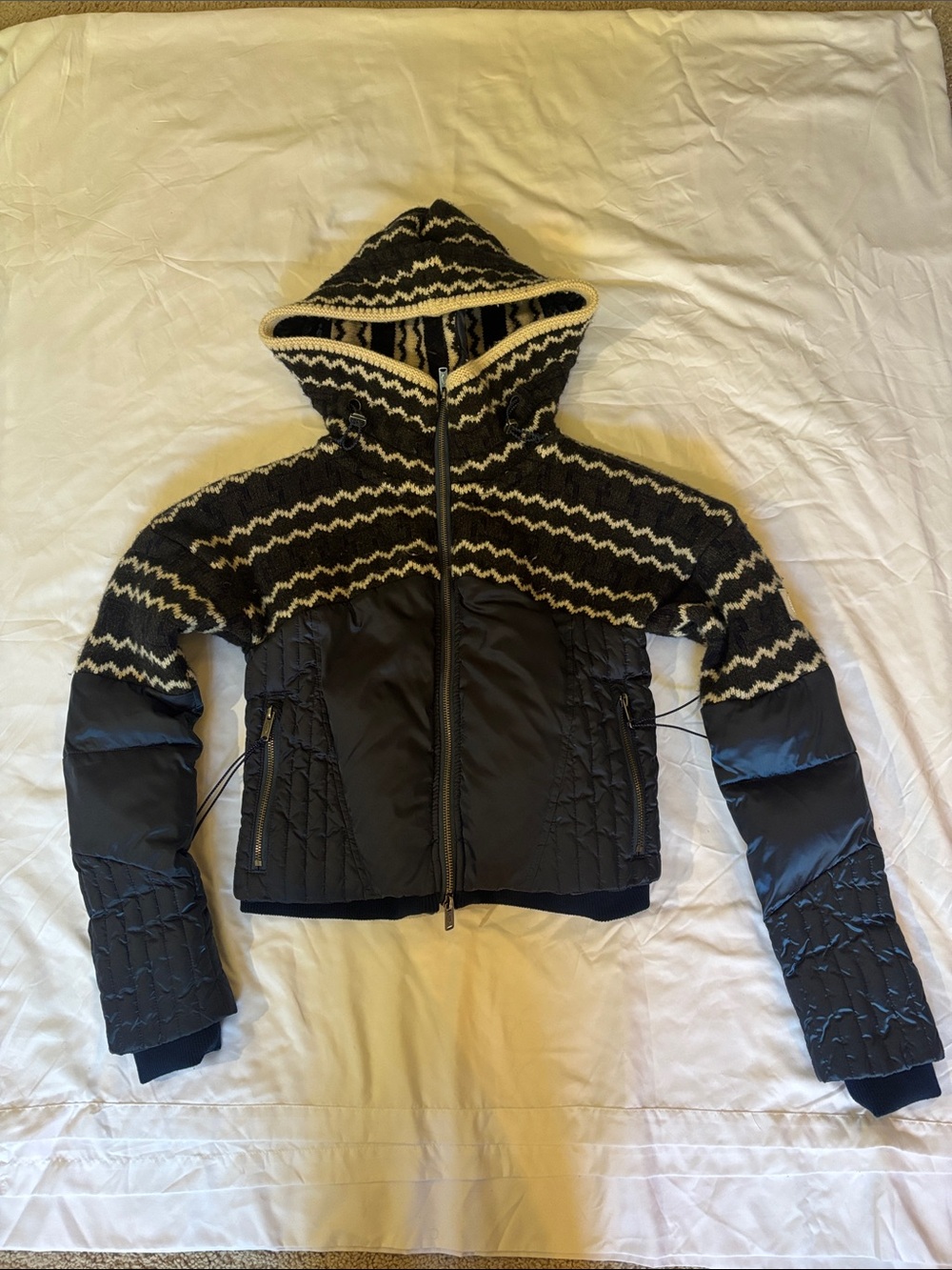 Free People Blue & Cream Hooded Mixed-Media Puffer Jacket